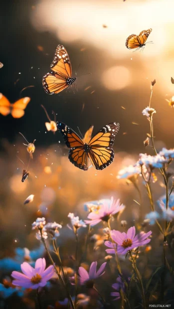 Butterflies dancing over summer flowers capturing playful summer vibes wallpapers moment.