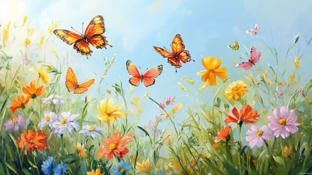 Butterflies fluttering across garden blooms, caught in a soft summer breeze.