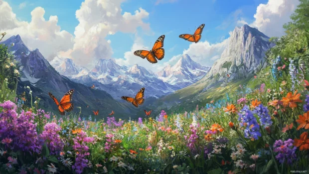 Butterflies fluttering gently above a blooming flower field.