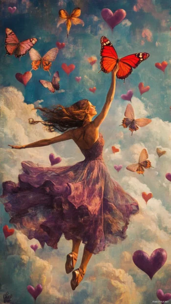 Butterfly dancer in a wall of hearts and clouds.
