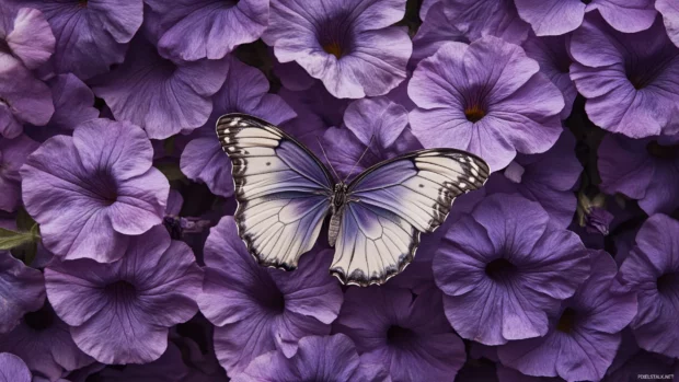 Butterfly resting on purple petunia in full bloom.