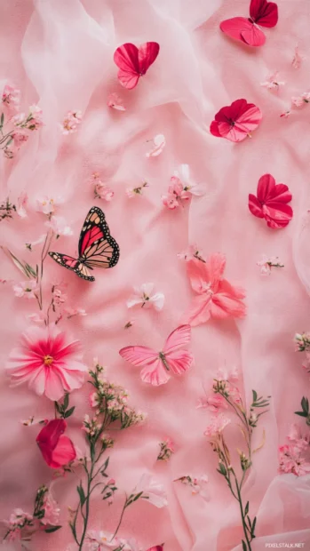 Butterfly wings flutter over pink wallpapers for girls HD floral backdrop.