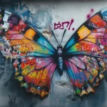 Butterfly wings made of graffiti tags in a soft aesthetic graffiti wallpaper scene.