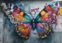 Butterfly wings made of graffiti tags in a soft aesthetic graffiti wallpaper scene.