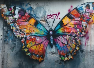 Butterfly wings made of graffiti tags in a soft aesthetic graffiti wallpaper scene.