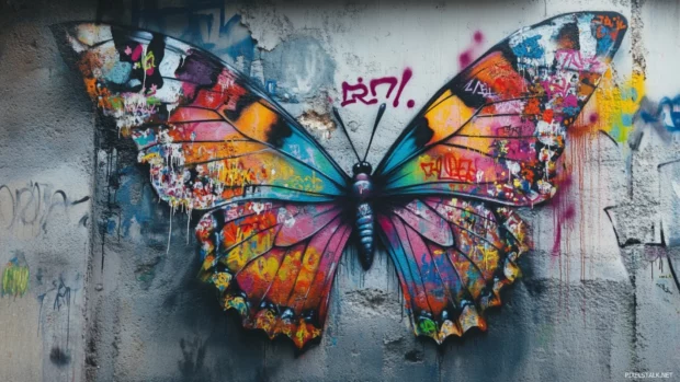 Butterfly wings made of graffiti tags in a soft aesthetic graffiti wallpaper scene.