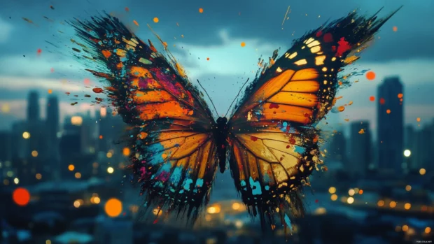 Butterfly wings made of paint splash near glowing cityscape.