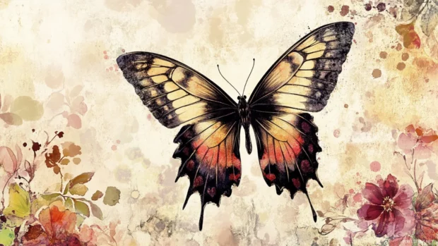 Butterfly wings over soft watercolor splashes and floral trim.