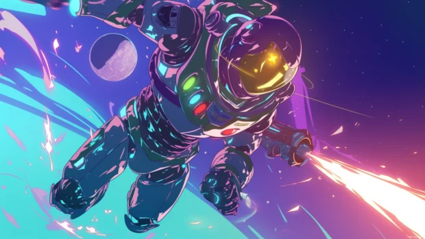 Buzz Lightyear charging forward with glowing armor and star trails.