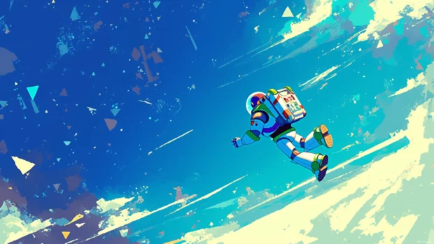 Buzz Lightyear drifting through space in a glitch pixel galaxy.