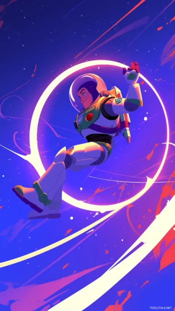 Buzz Lightyear floating in zero gravity with neon galaxy rings.