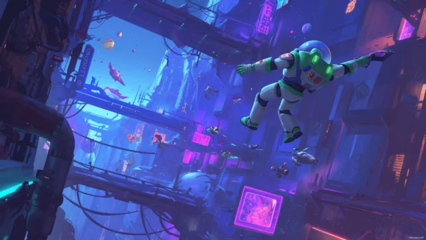 Buzz Lightyear flying past a neon space station in a 4K galaxy.