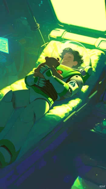 Buzz Lightyear hugging a space teddy bear in a glowing rocket bed.