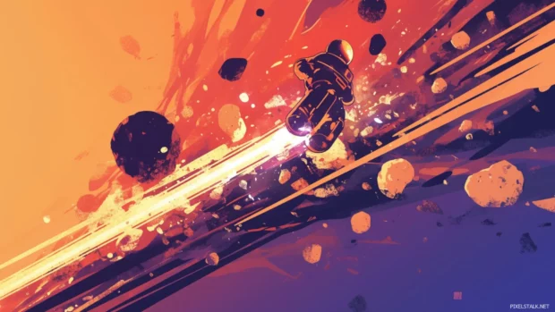 Buzz Lightyear zooming through asteroid belts surrounded by comic bursts.