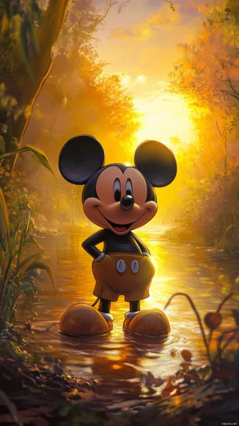 By the peaceful river, the golden sunset bathes Mickey Mouse in a warm glow.
