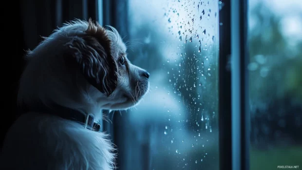 By the window, the puppy watches raindrops trace lazy paths.