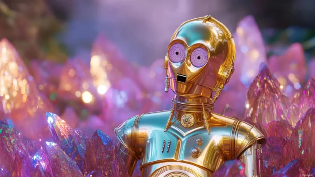 C 3PO lost in a field of luminous crystals.