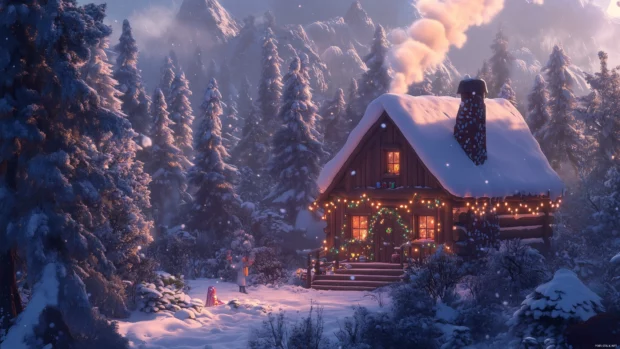 Cabin in the woods with Christmas lights, chimney smoke, surrounded by snowy trees.