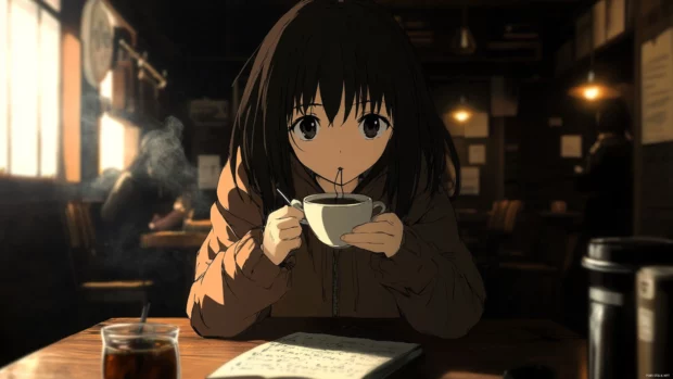 Cafe interior glowing with anime girl sipping coffee and writing in a diary.