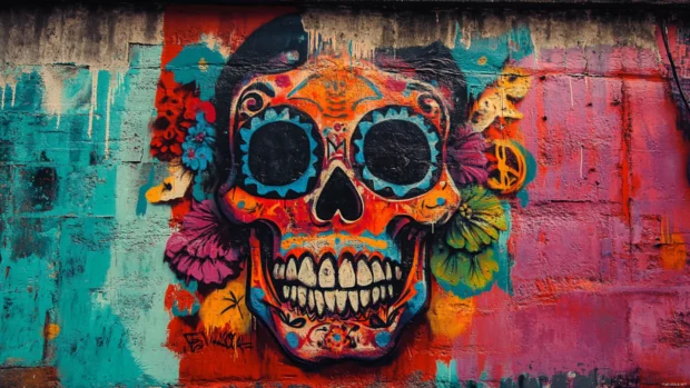 Calavera painted in vivid graffiti on a rustic alley wall.