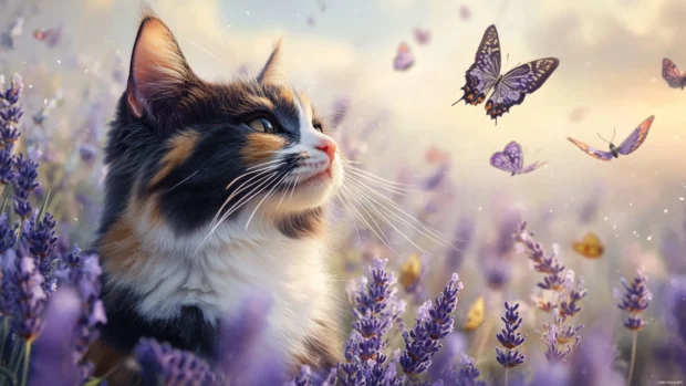 Calico cat in a field of lavender with butterflies fluttering around.