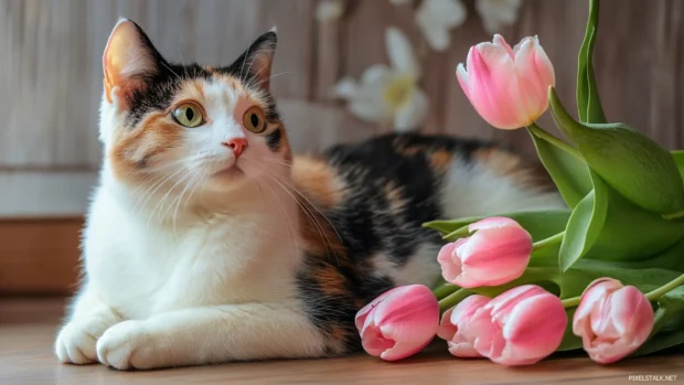 Calico cat lounging beside pink tulips on wooden floor.