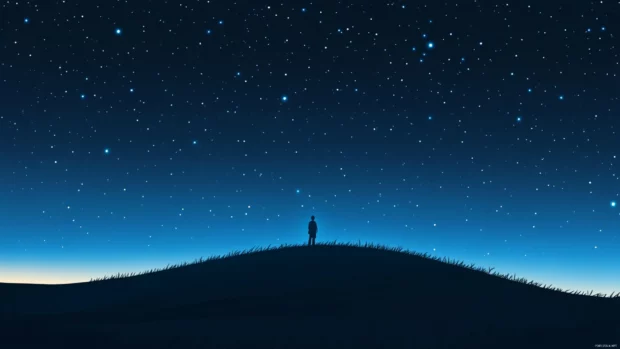 Calm anime night sky over hill with lone observer, clean and soft aesthetic, Anime Wallpapers 4K.