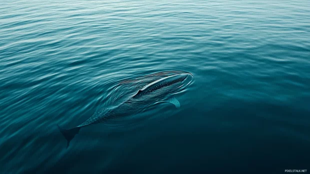 Calm blue sea around a lone whale shark near surface.