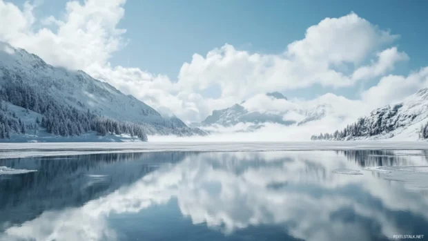 Calm frozen lake beneath white clouds.