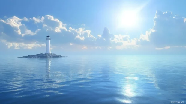 Calm ocean scene with a distant lighthouse, scenic coastal view desktop background.