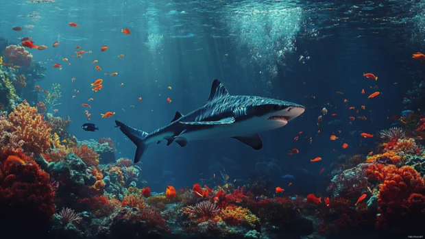 Calm shark slowly passing coral ridge with fish scattering.