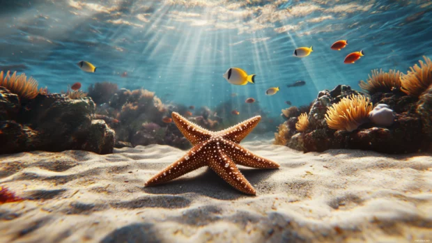 Calming beach scene, a starfish slowly moves across the ocean floor, encompassed by sunlit water, colorful fish, and an array of sea anemones.