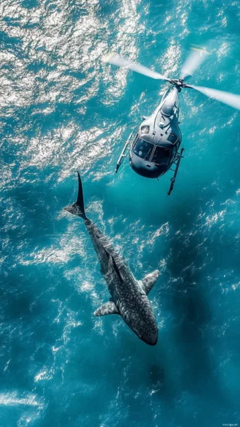 Camouflage shark diving from helicopter into open sea.