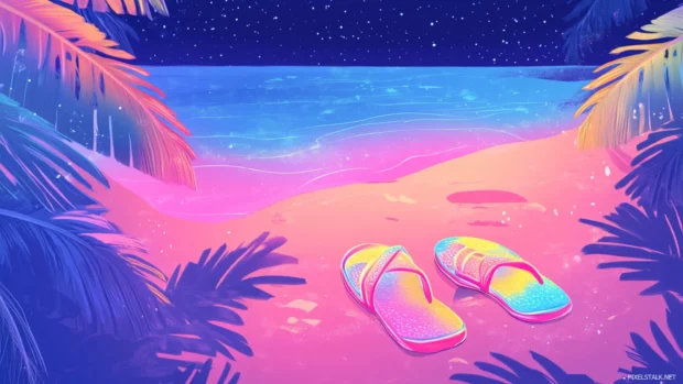 Candy colored Summertime vibes glow in flip flop prints on sandy paths.