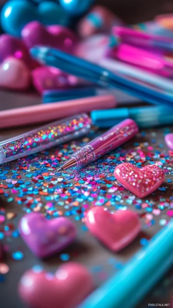 Candy hearts and glitter gel pens spread across a study desk.