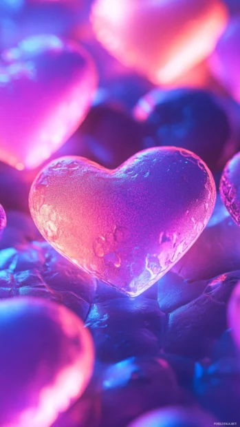 Candy hearts glowing in soft purple neon field.