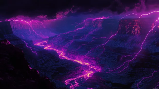 Canyon bathed in alternating neon lightning.