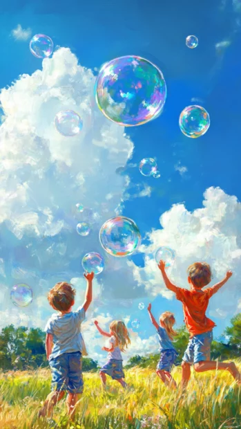 Capture the playful Summer Vibes of kids chasing bubbles in an open field under a bright blue sky.