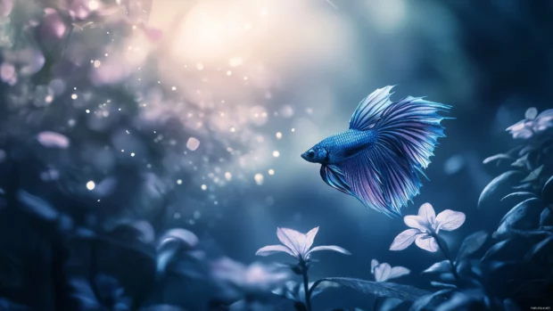 Captured in a calm moment and surrounded by soft, diffused light and delicate aquatic plants is a betta fish with brilliant blue and purple scales.