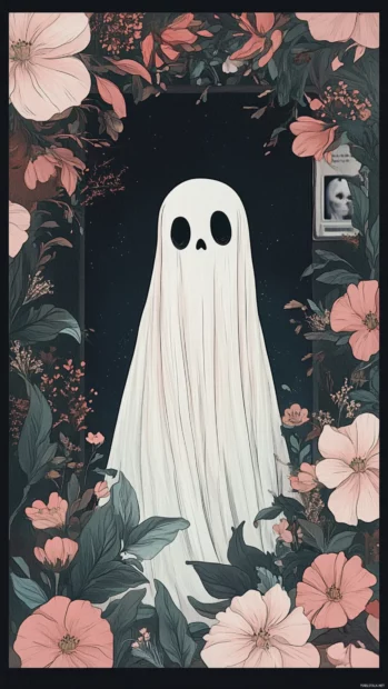 Cartoon Aesthetic Ghost Wallpapers where ghosts peek through flower frames and vintage polaroid borders.