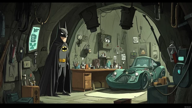 Cartoon Batman Batcave scene, Batmobile tinkering, quirky gadgets, funny twist.