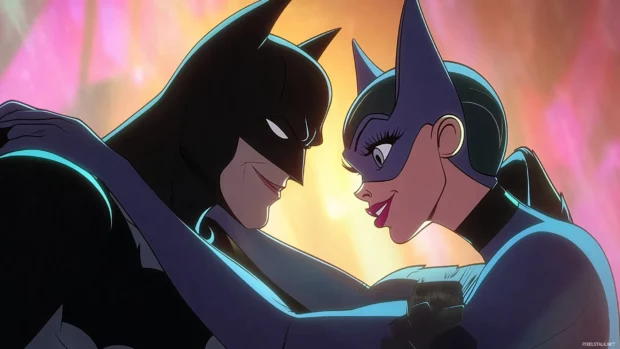 Cartoon Batman and Catwoman sparring, friendly fight, bold expressions, comic effects.