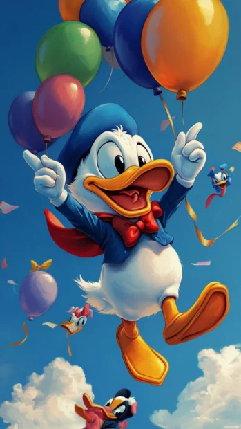 Cartoon Donald Duck wallpaper where he floats with balloons shaped like Disney characters.