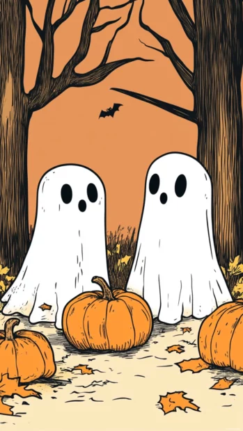 Cartoon Ghost iPhone Wallpapers of funny ghosts playing hide and seek between pumpkins.
