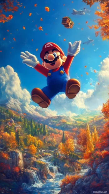 Cartoon Mario Wallpaper of Mario flying with his raccoon tail over a dreamy landscape.
