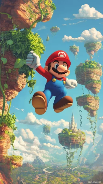 Cartoon Mario Wallpaper with Mario climbing vines in a sky world filled with floating islands.
