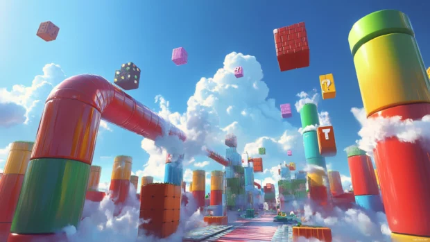 Cartoon Mario Wallpaper with colorful pipes, floating blocks and cheerful sky theme.
