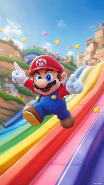Cartoon Mario collecting stars on a rainbow slide in a fast paced action scene.