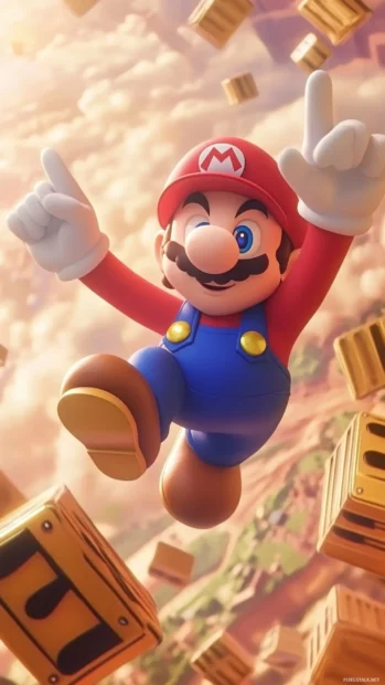 Cartoon Mario floating upward through musical blocks in a dreamy level design.