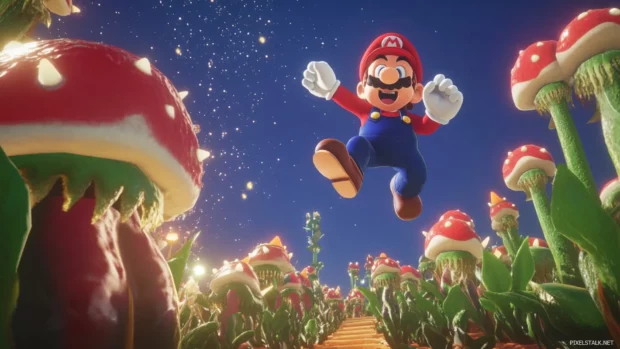 Cartoon Mario jumping over Piranha Plants with a sky full of stars in the background.